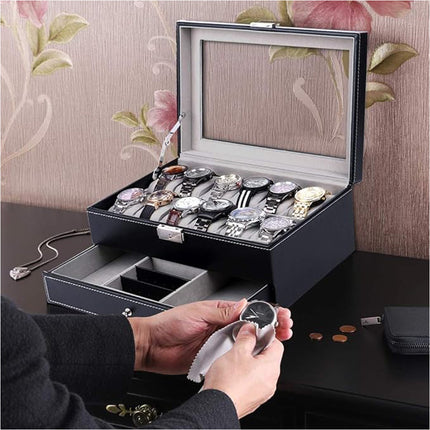 Double Layer Grids Watch Holder Box Carbon Storage Case Jewelry Display Organizer Gift