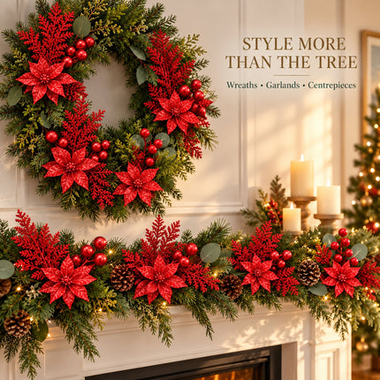 6Pcs Christmas Tree Branch Picks Artificial Poinsettia Floral Spray Xmas Wreath Red