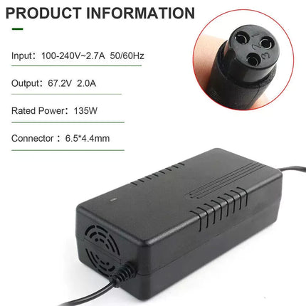 67.2V 2A Lithium Battery 3 pin Charger for 60V 16S Electric Scooter eBike Charge