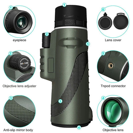 HD 80x100 Monocular Telescope Binoculars w/ Phone Holder Tripod Travel Hiking