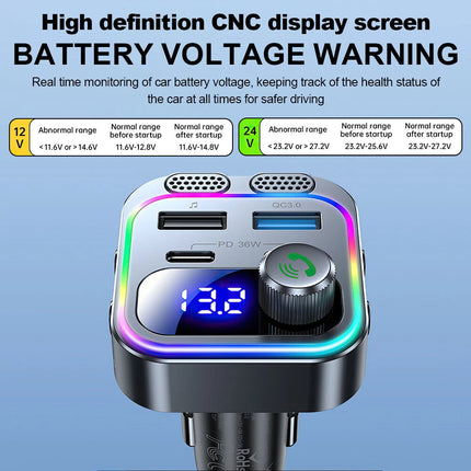 Car Wireless Bluetooth 5.0 FM Transmitter Adapter Type-C PD 66W Fast USB Charger