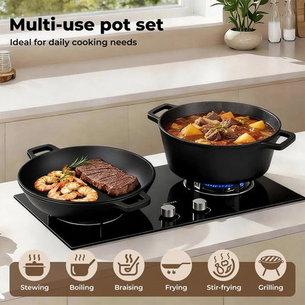 26cm 2in1 Double Dutch Oven Combo Cooking Pot Pan Cast Iron for Grill/ Roast-ing