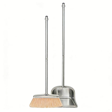 Stainless Steel Broom and Dustpan Set with Long Handle, Upright Heavy Duty