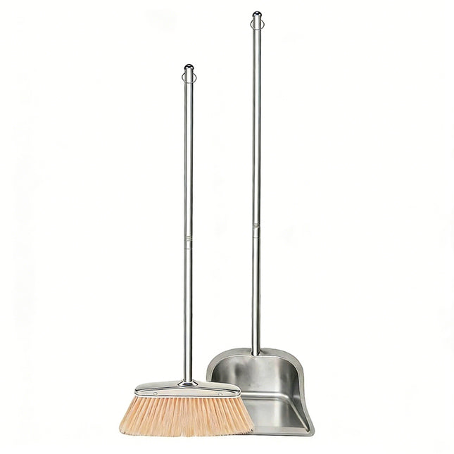 Stainless Steel Broom and Dustpan Set with Long Handle, Upright Heavy Duty