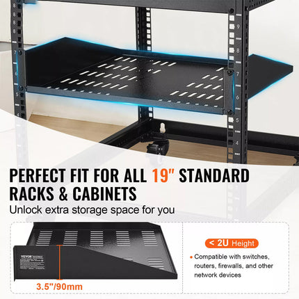 2U Server Rack Shelf 16&#034;/406 mm Depth Vented Rack Mount Shelf with Tray