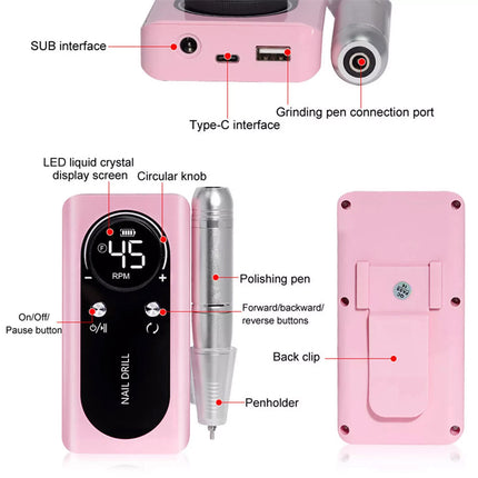 45000RPM Rechargeable Electric Nail Drill Machine Manicure Machine Portable - Image 7