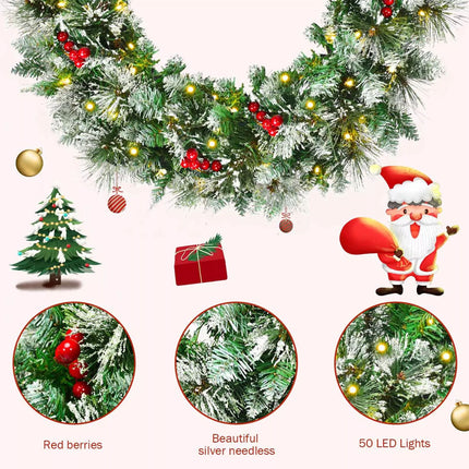 60cm Pre-lit Garland Christmas Wreath w/ 50 White LED Lights Built-in Timer Xmas