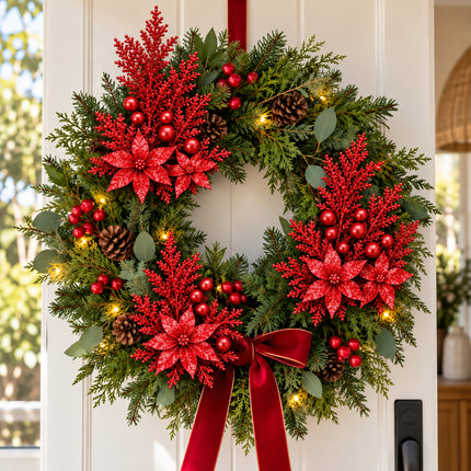 6Pcs Christmas Tree Branch Picks Artificial Poinsettia Floral Spray Xmas Wreath Red