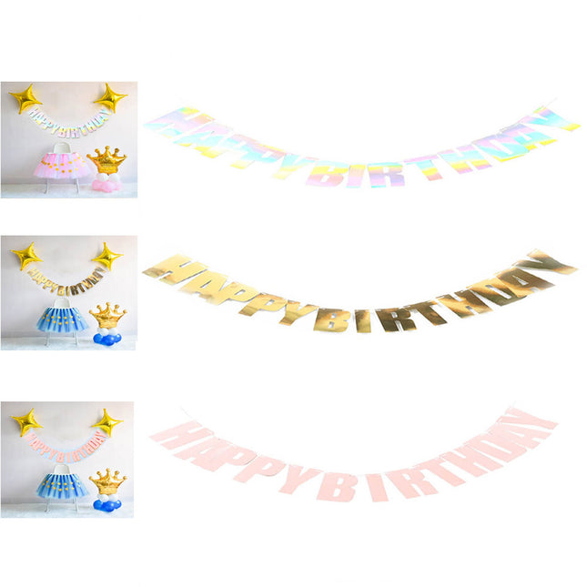 3 Pcs Happy Birthday Party Banner Flag Hanging Decoration Bunting Garland Gold Pink Clear