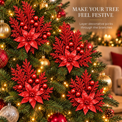 6Pcs Christmas Tree Branch Picks Artificial Poinsettia Floral Spray Xmas Wreath Red