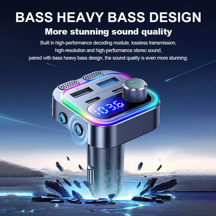 Car Wireless Bluetooth 5.0 FM Transmitter Adapter Type-C PD 66W Fast USB Charger