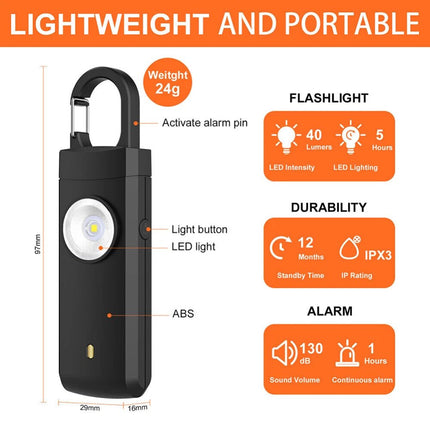 Personal Security Alarm Loud Keychain 130dB USB Emergency Security Protect Alert Black