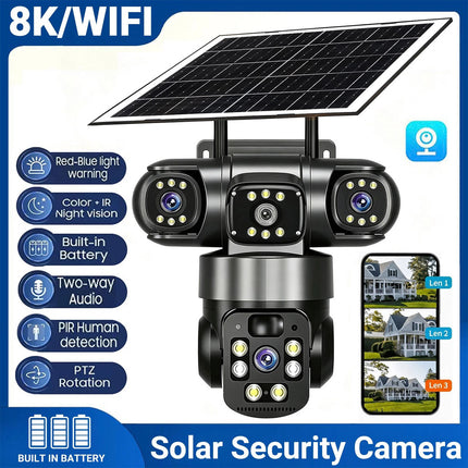 9MP 3-Lens Solar Security Camera Wireless CCTV PTZ Outdoor Surveillance