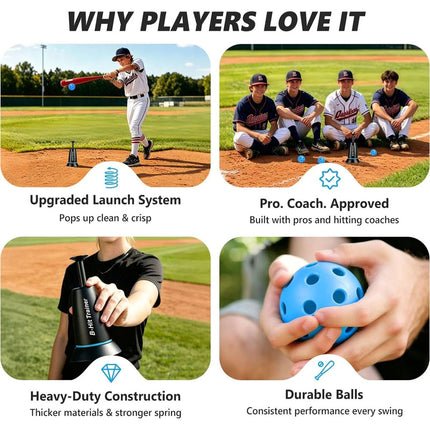 Baseball Training Tee Popper - Pops Up Balls to The Perfect Height with 3 Balls