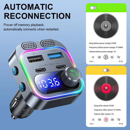 Car Wireless Bluetooth 5.0 FM Transmitter Adapter Type-C PD 66W Fast USB Charger