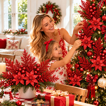 6Pcs Christmas Tree Branch Picks Artificial Poinsettia Floral Spray Xmas Wreath Red