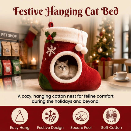 Hanging Christmas Cat Bed with Faux Plush-Lining Festive Small Pet Medium Cave