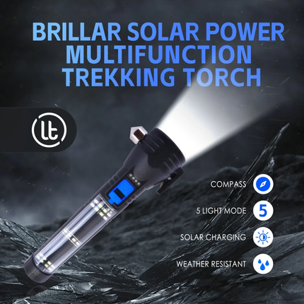 Solar Power LED Flashlight Rechargeable Torch USB Charge Compass Hammer Cutter