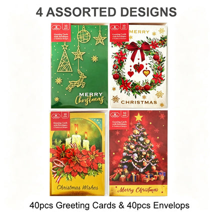 40pk Christmas Cards Greeting Cards & Envelops 4 Traditional Design Xmas Card
