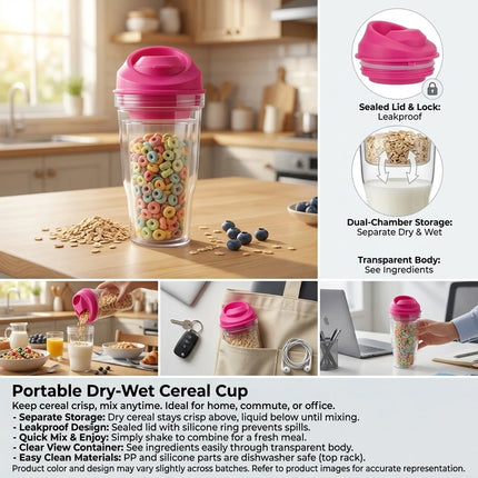 1Pcs Crunch Cup On-the-Go Cereal Tumbler Portable Plastic Cereal Cup Leak-Proof Pink