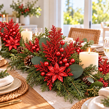 6Pcs Christmas Tree Branch Picks Artificial Poinsettia Floral Spray Xmas Wreath Red
