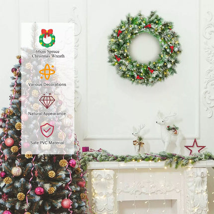 60cm Pre-lit Garland Christmas Wreath w/ 50 White LED Lights Built-in Timer Xmas