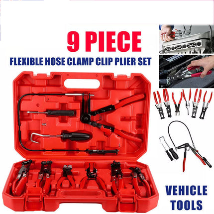 9PC Hose Clamp Clip Plier Set Swivel Jaw Flat Angled Band Automotive Tool Set
