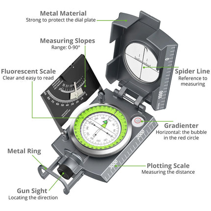 Military Compass Army Sighting Hiking Survival Camping Inclinometer IP65