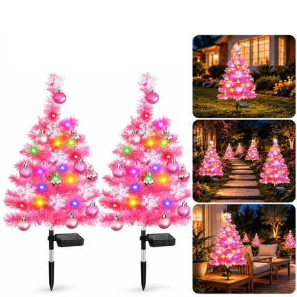 2PCS Pink Solar Christmas Tree Lights, Waterproof Solar Christmas Outdoor