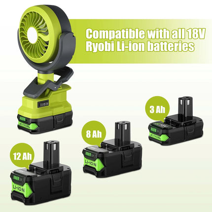 Portable Fan for Ryobi P108 18V Battery Cordless Fan with LED Light for Camping