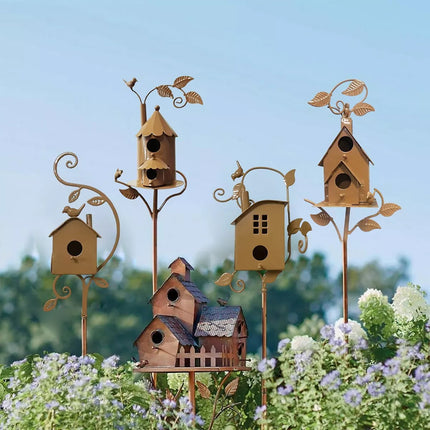 Outdoor Iron Birdhouse Garden Stakes - Metal Craft Bird House for Yard Decor D