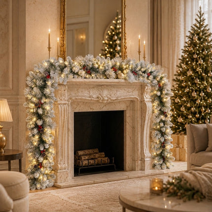 270cm Lush Snow Flocked Christmas Garland Pre-Lit LED Berry Pinecone Battery