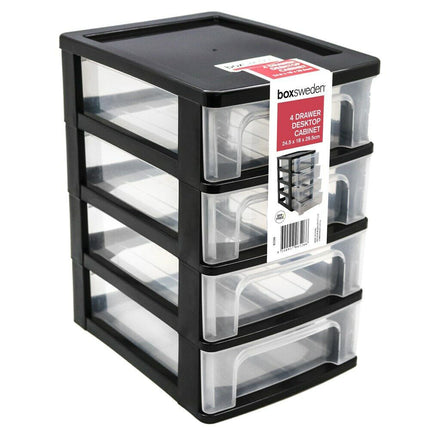 4-Tier Drawer Desktop Cabinet Plastic Home Office Organiser Small Storage Box Black