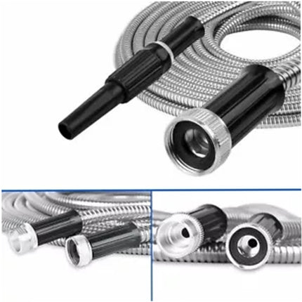 100FT Stainless Steel Water Hose Metal Home Garden Pipe with 2 Nozzle Connector