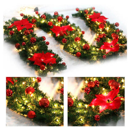2.7M Christmas Garland with Lights / Flower /Pinecone Xmas Home Stairs Fireplace Red with Lights