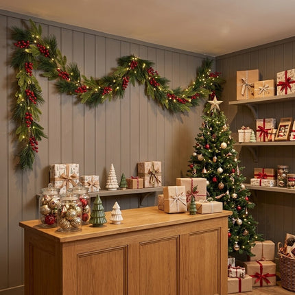 1.6M Christmas Pine & Red Berry Garland Artificial Festive Greenery Holiday Decor