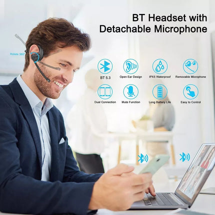 Bluetooth 5.3 Bone Conduction Headset Wireless Headphones & Removable Mic