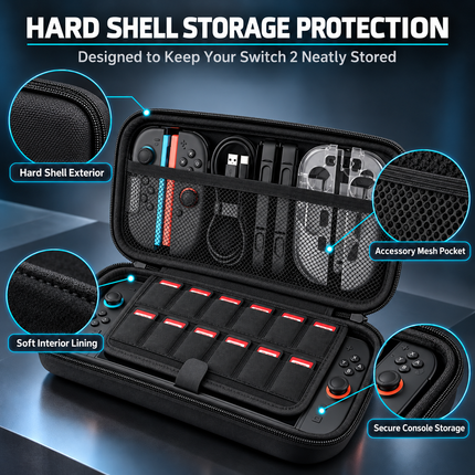 For Nintendo Switch 2 Carry Case Hard Shell Screen Protector Accessory Set Black