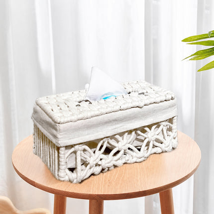 Tissue Box Woven Cotton Rope Paper Cube Organizer Container Case Holder White