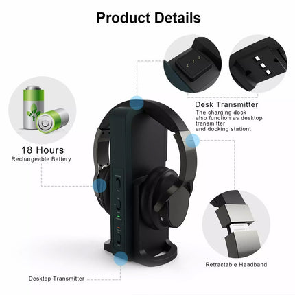 Wireless TV Headphones with 2.4G Digital RF Transmitter Hi-Fi Over-Ear Cordless