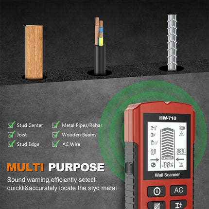 HW-710 Multi-Functional Stud Finder Wall Scanner AC Cable Wires Depth Tracker Red