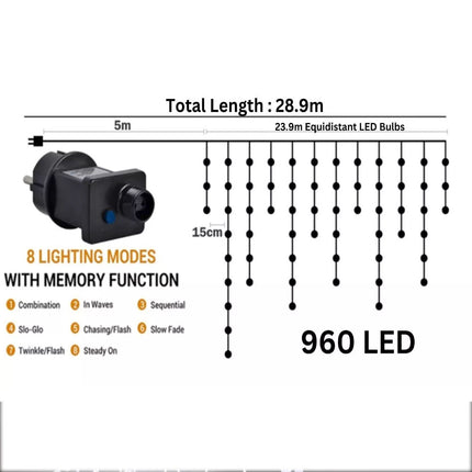 23.9M 960 Led Snowing Icicle Christmas Wedding Party Lights 8 Functions Warm White