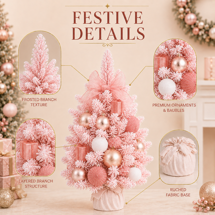 60cm Pink PE Mixed Tip Christmas Tabletop Tree Rose Gold Snowy Decor Gift