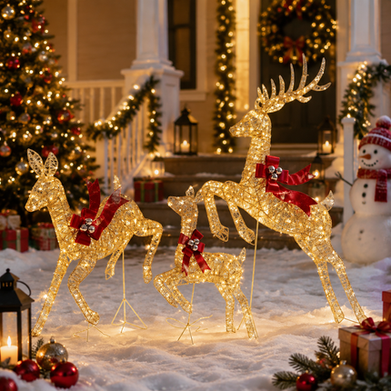 3-Piece Lighted Christmas Prancing Reindeer Family Gold Prancing Outdoor Display Stag Doe Fawn Outdoor Xmas Deer Set with Solar Panel AU Plug