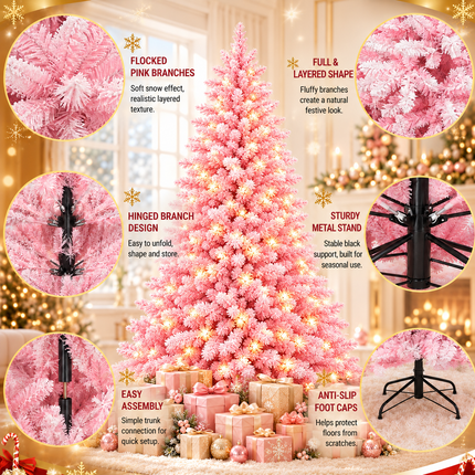 150cm Pink Snow Flocked Christmas Tree Pre-Lit  With LED Light 160 LED Warm White Xmas Decor