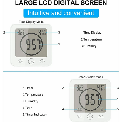Waterproof Digital Bathroom Shower Clock Timer Alarm Temperature Meter Humidity
