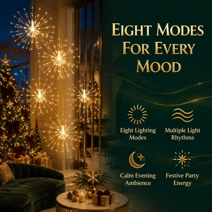 5-Head Solar Warm White LED Firework Lights 8 Modes Copper Wire Christmas Hanging Decor