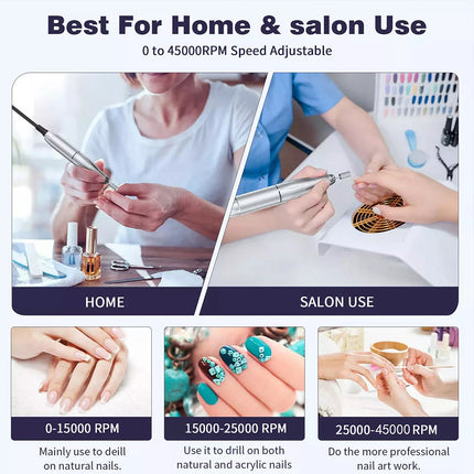 Professional Rechargeable Nail Drill File Machine 45000RPM Portable Electric