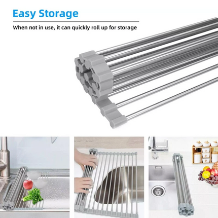 Roll Up Dish Rack Drainer Over Sink Stainless Steel Plate Holder Stand With Tray