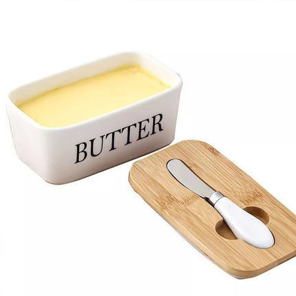 Ceramic Butter Dish Box Storage Tray Container w/ Bamboo Lid & Butter Cutter